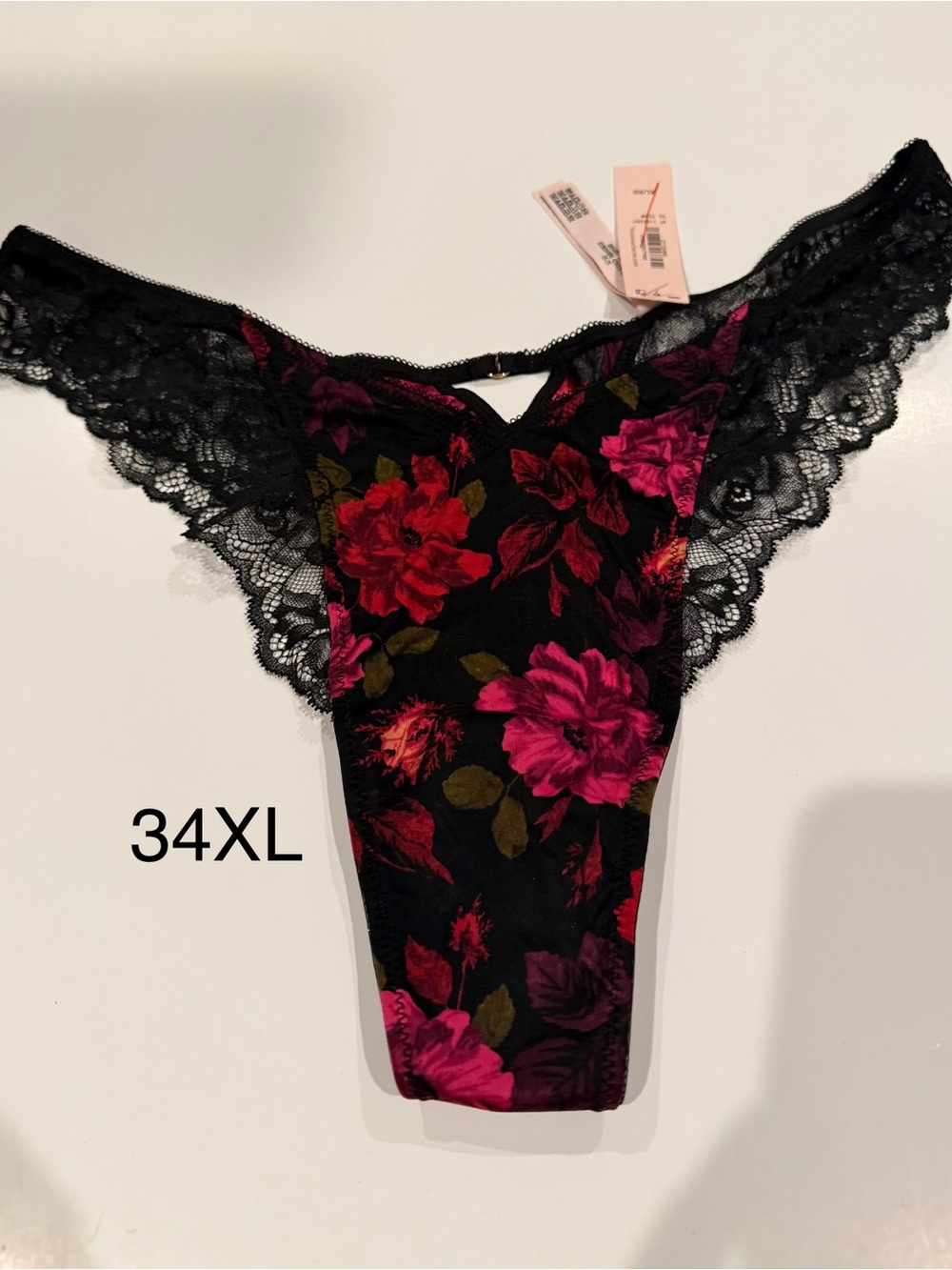 Victoria's Secret Black Thong Panty with Pink & Red Floral Print